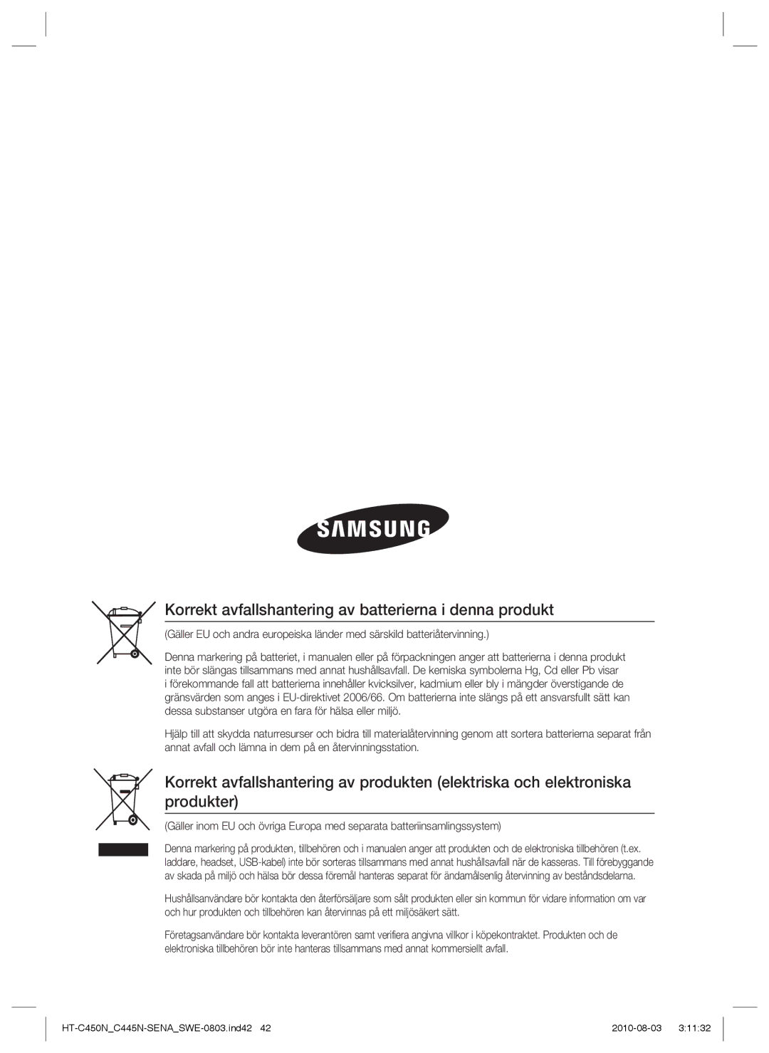 Samsung HT-C453/XEE, HT-C450N/XEE, HT-C445N/XEE, HT-C453N/XEE manual Korrekt avfallshantering av batterierna i denna produkt 