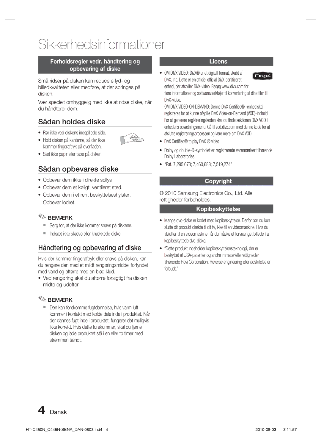 Samsung HT-C453/XEE, HT-C450N/XEE manual Sådan holdes diske, Sådan opbevares diske, Håndtering og opbevaring af diske 