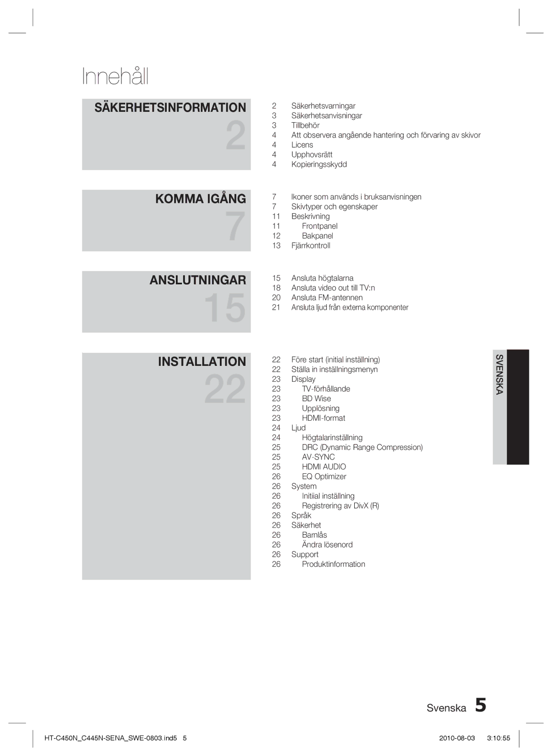 Samsung HT-C445N/XEE, HT-C450N/XEE, HT-C453/XEE, HT-C453N/XEE manual Innehåll, Säkerhetsinformation 