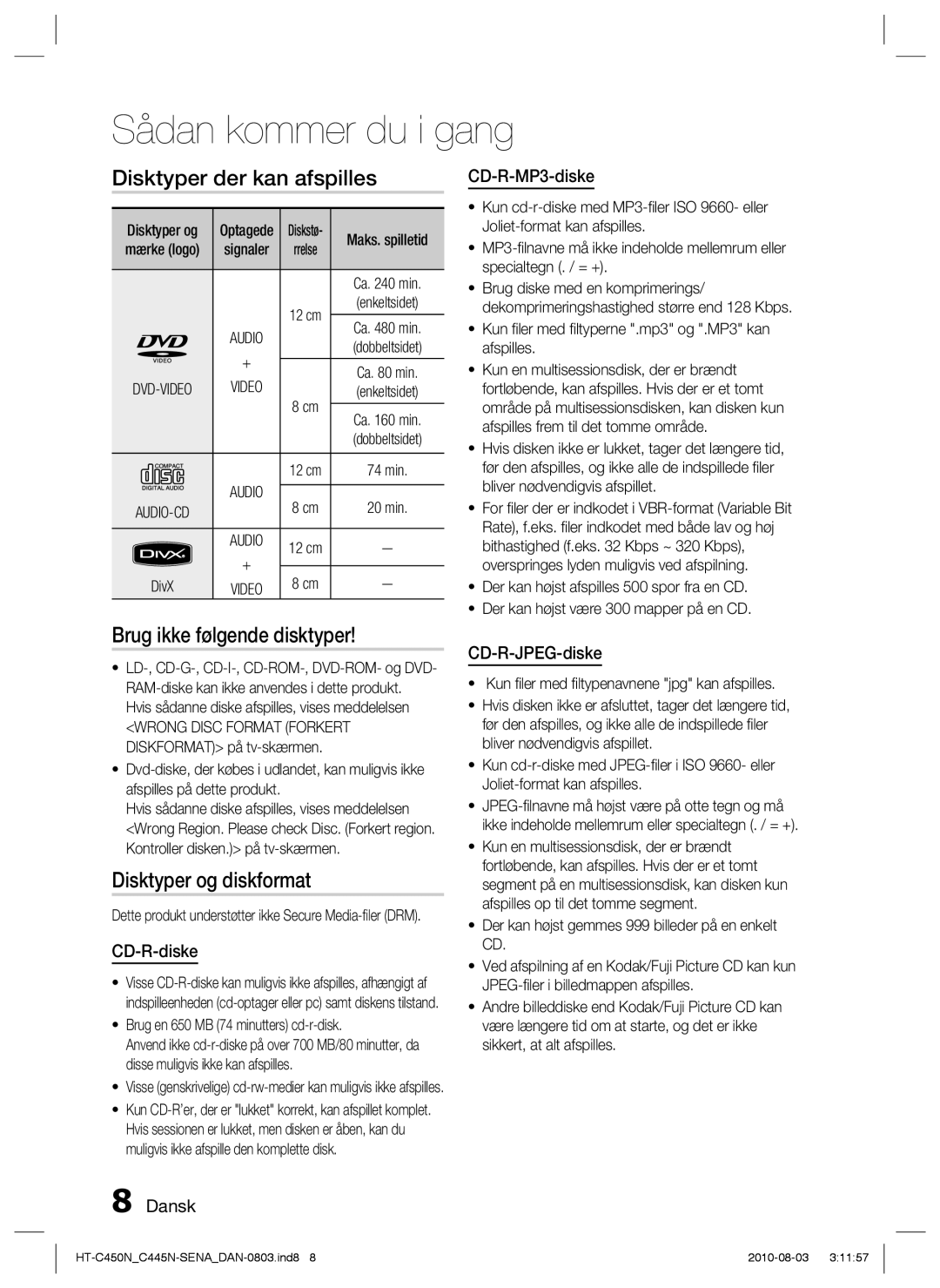 Samsung HT-C453/XEE, HT-C450N/XEE manual Disktyper der kan afspilles, Brug ikke følgende disktyper, Disktyper og diskformat 