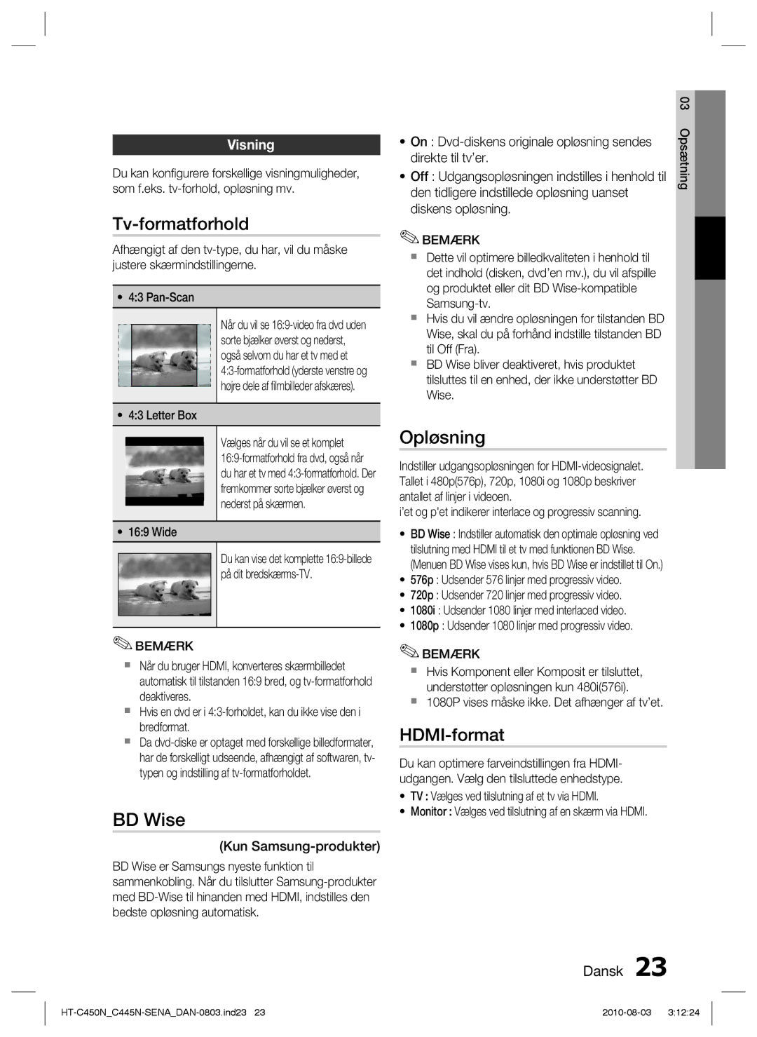 Samsung HT-C445N/XEE, HT-C450N/XEE, HT-C453/XEE, HT-C453N/XEE manual Tv-formatforhold, Opløsning, Visning 