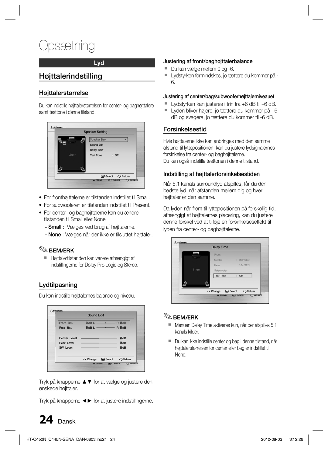 Samsung HT-C453/XEE, HT-C450N/XEE, HT-C445N/XEE, HT-C453N/XEE manual Højttalerindstilling, Lyd 