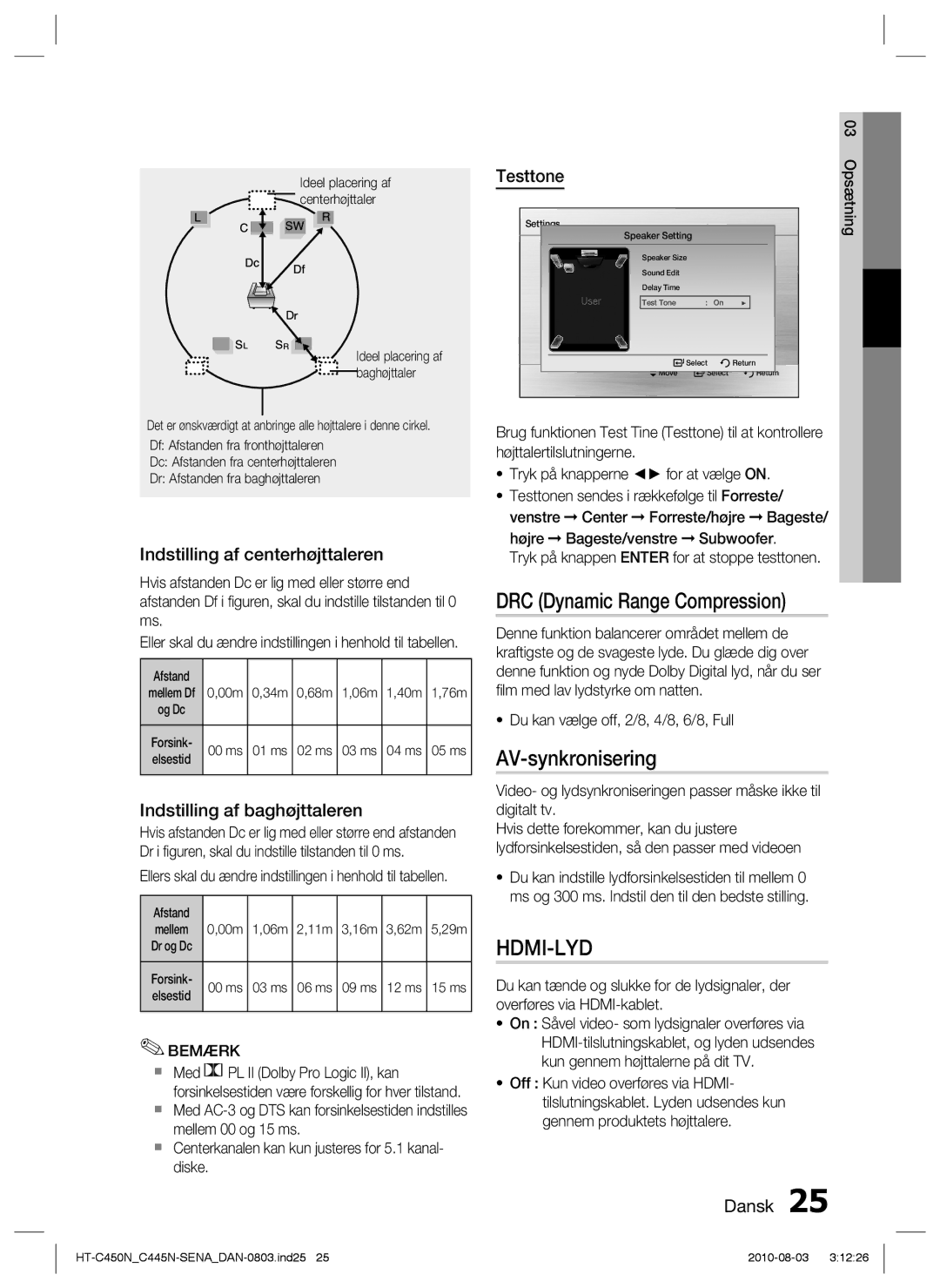 Samsung HT-C453N/XEE manual AV-synkronisering, Indstilling af centerhøjttaleren, Indstilling af baghøjttaleren, Testtone 