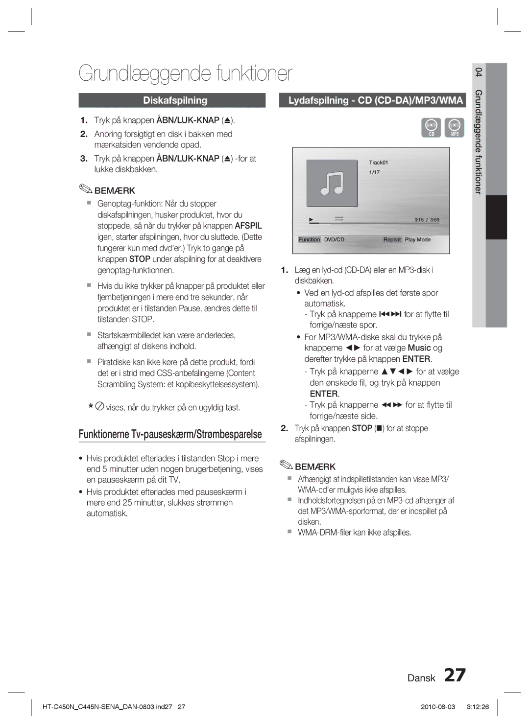 Samsung HT-C445N/XEE, HT-C450N/XEE, HT-C453/XEE Grundlæggende funktioner, Diskafspilning, Lydafspilning CD CD-DA/MP3/WMA 