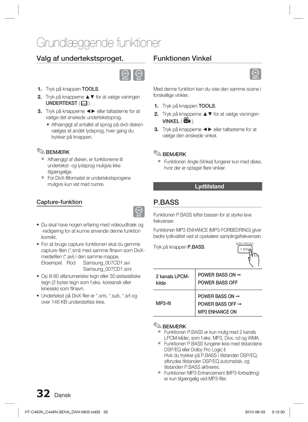 Samsung HT-C453/XEE, HT-C450N/XEE Valg af undertekstsproget, Funktionen Vinkel, Capture-funktion, Lydtilstand, Undertekst 