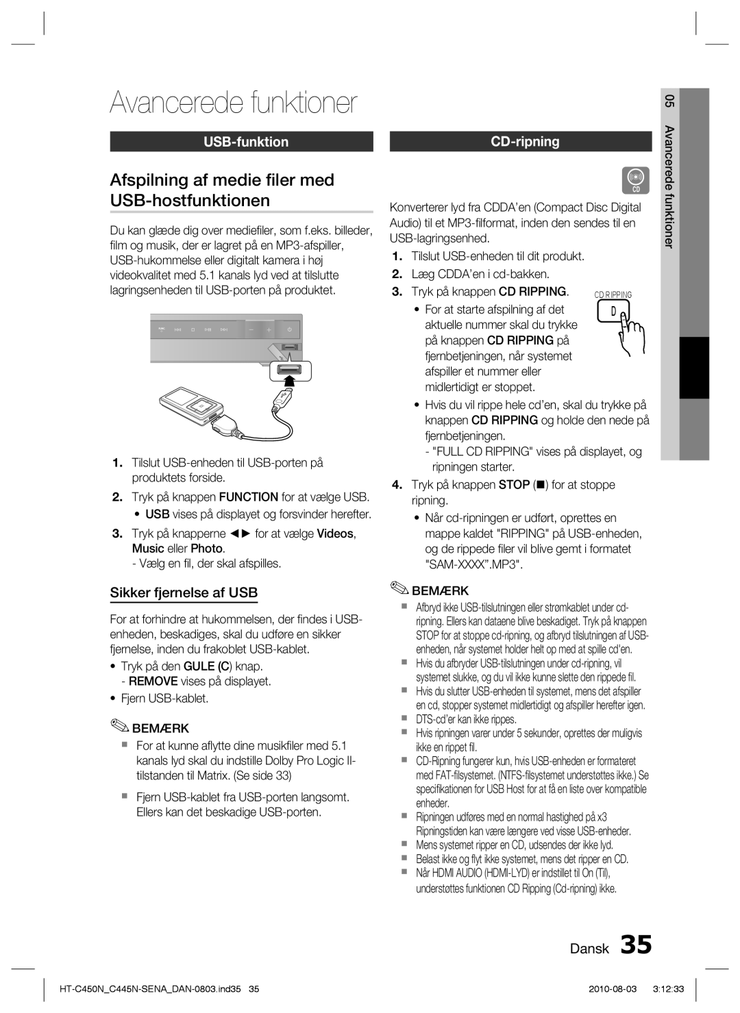 Samsung HT-C445N/XEE, HT-C450N/XEE Afspilning af medie ﬁler med USB-hostfunktionen, Sikker fjernelse af USB, CD-ripning 