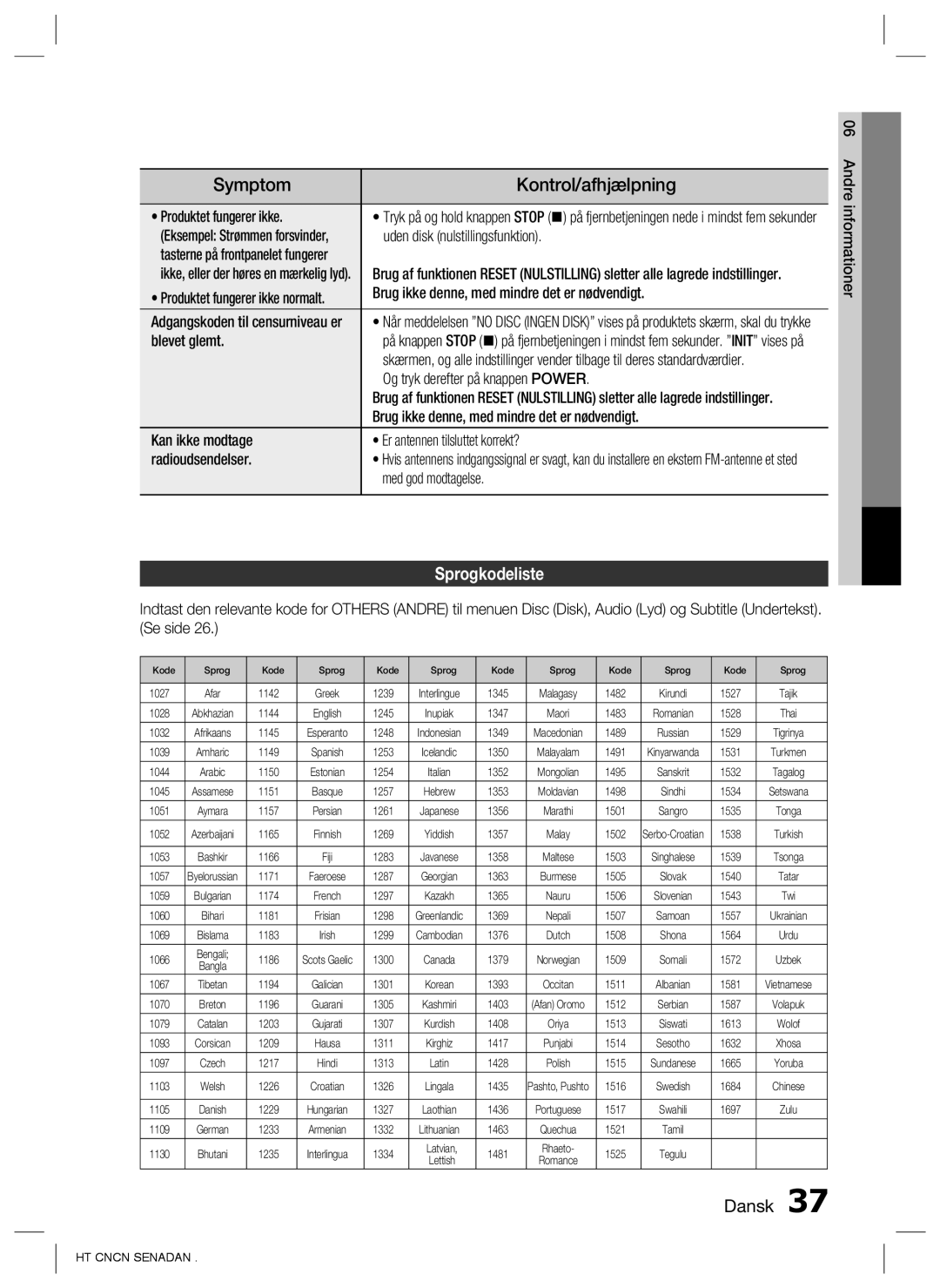 Samsung HT-C453N/XEE, HT-C450N/XEE, HT-C445N/XEE, HT-C453/XEE manual Sprogkodeliste 