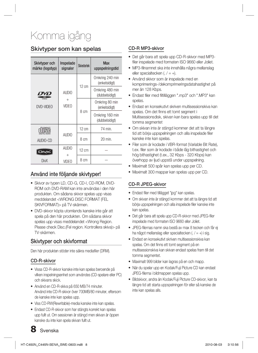 Samsung HT-C450N/XEE, HT-C445N/XEE manual Skivtyper som kan spelas, Använd inte följande skivtyper, Skivtyper och skivformat 