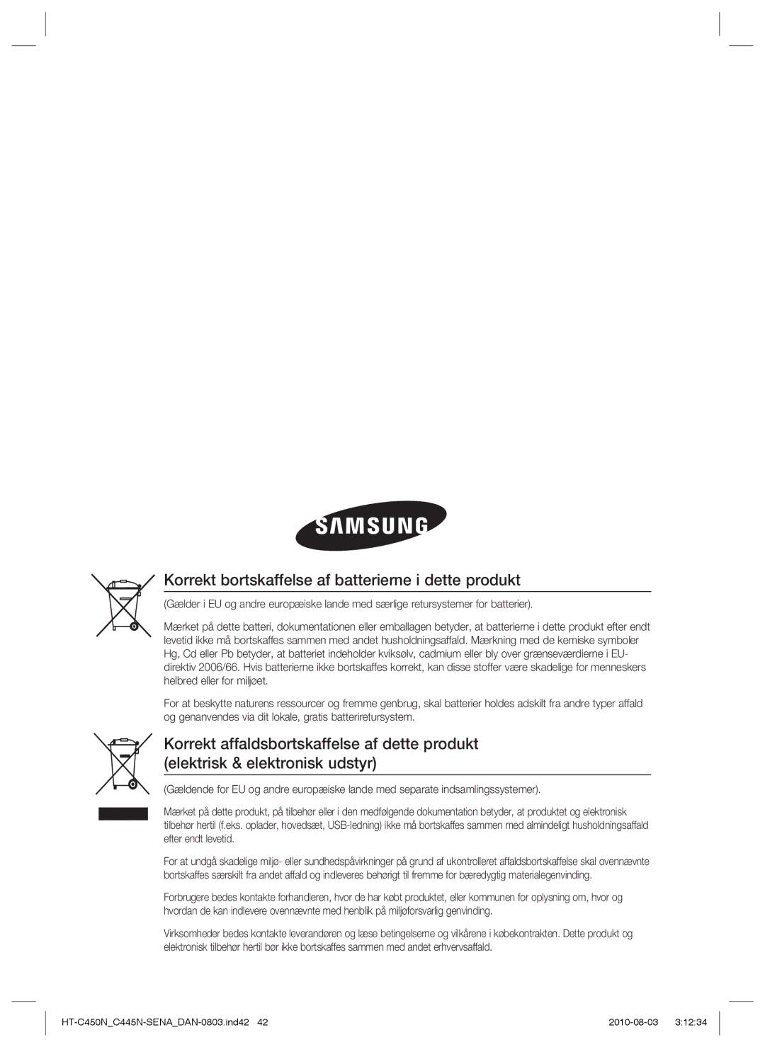 Samsung HT-C450N/XEE, HT-C445N/XEE, HT-C453/XEE, HT-C453N/XEE manual Korrekt bortskaffelse af batterierne i dette produkt 