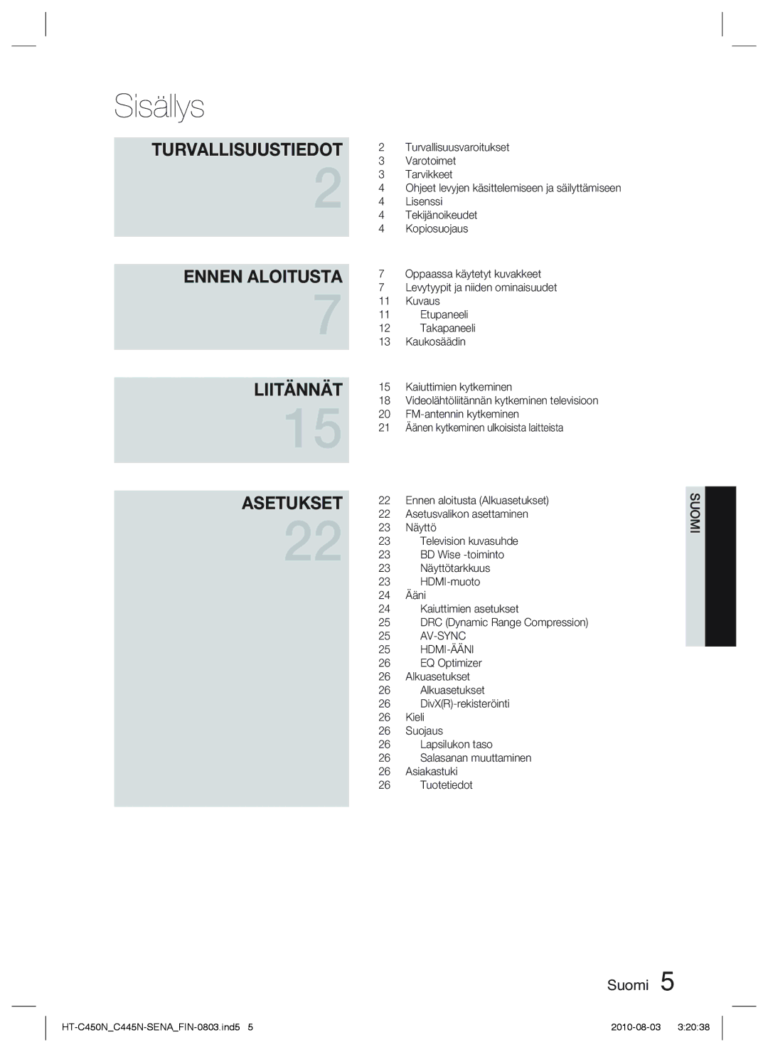 Samsung HT-C445N/XEE, HT-C450N/XEE, HT-C453/XEE, HT-C453N/XEE manual Sisällys 