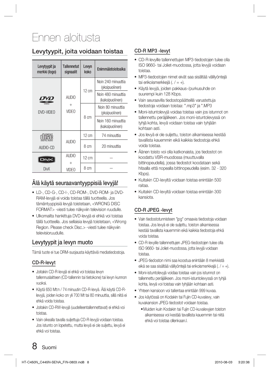 Samsung HT-C450N/XEE Levytyypit, joita voidaan toistaa, Älä käytä seuraavantyyppisiä levyjä, Levytyypit ja levyn muoto 