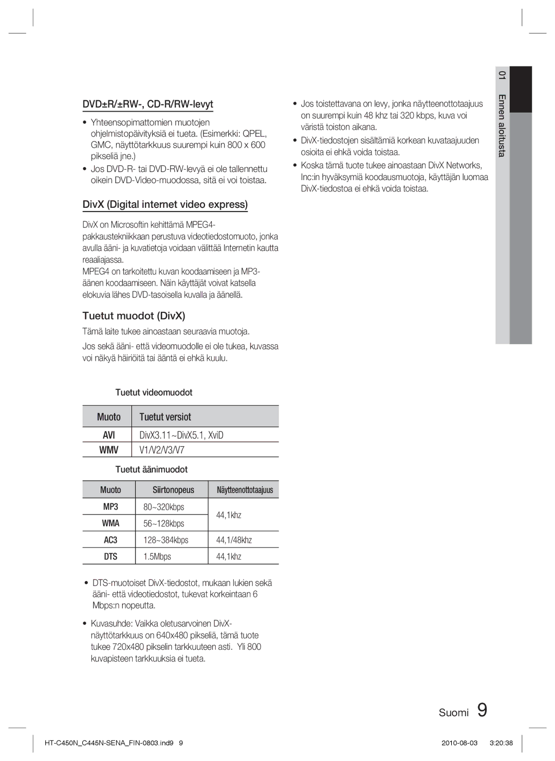 Samsung HT-C445N/XEE manual DVD±R/±RW-, CD-R/RW-levyt, DivX Digital internet video express, Tuetut muodot DivX, V1/V2/V3/V7 