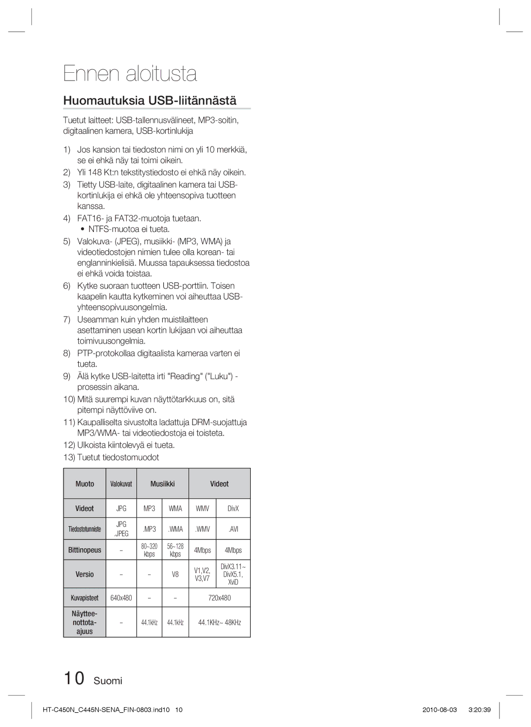 Samsung HT-C453/XEE, HT-C450N/XEE manual Huomautuksia USB-liitännästä, Ulkoista kiintolevyä ei tueta Tuetut tiedostomuodot 