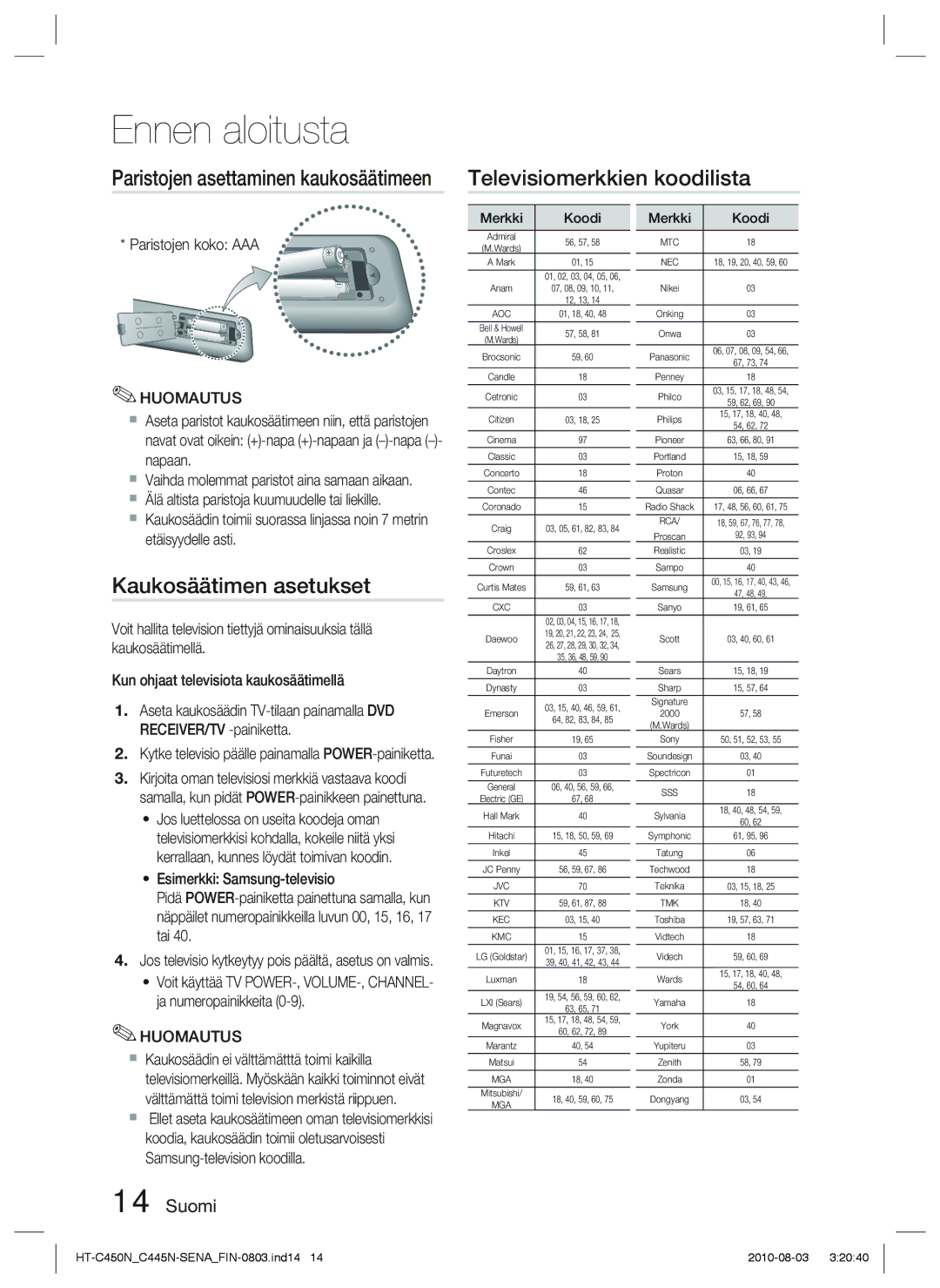 Samsung HT-C453/XEE, HT-C450N/XEE, HT-C445N/XEE Televisiomerkkien koodilista, Kaukosäätimen asetukset, Paristojen koko AAA 