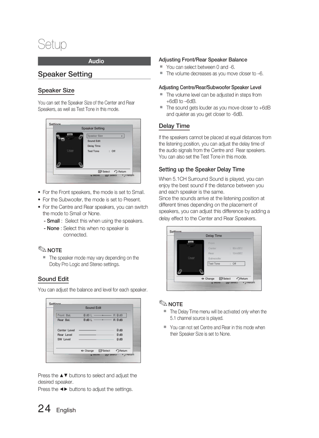 Samsung HT-C445N/EDC, HT-C450N/XEN, HT-C453N/XEN, HT-C450N/EDC, HT-C453N/EDC manual Speaker Setting, Audio 