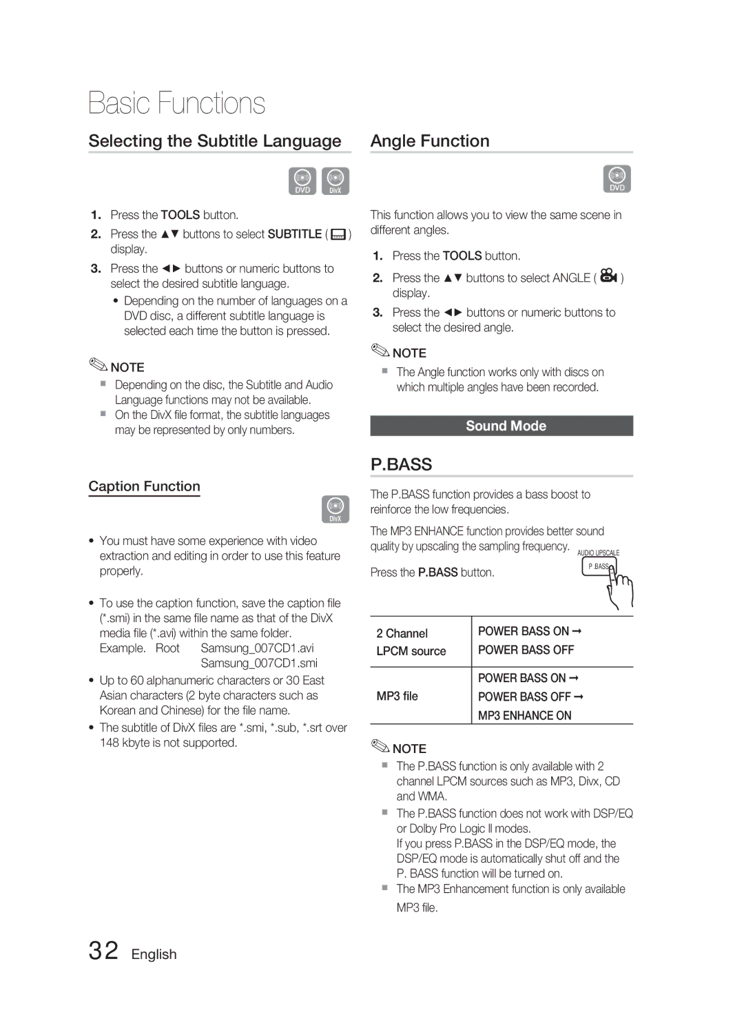 Samsung HT-C450N/EDC, HT-C450N/XEN manual Selecting the Subtitle Language, Angle Function, Sound Mode, Caption Function 