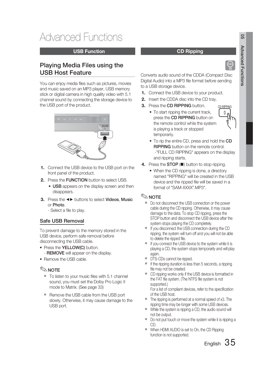 Samsung HT-C450N/XEN manual Playing Media Files using the USB Host Feature, USB Function, Safe USB Removal, CD Ripping 