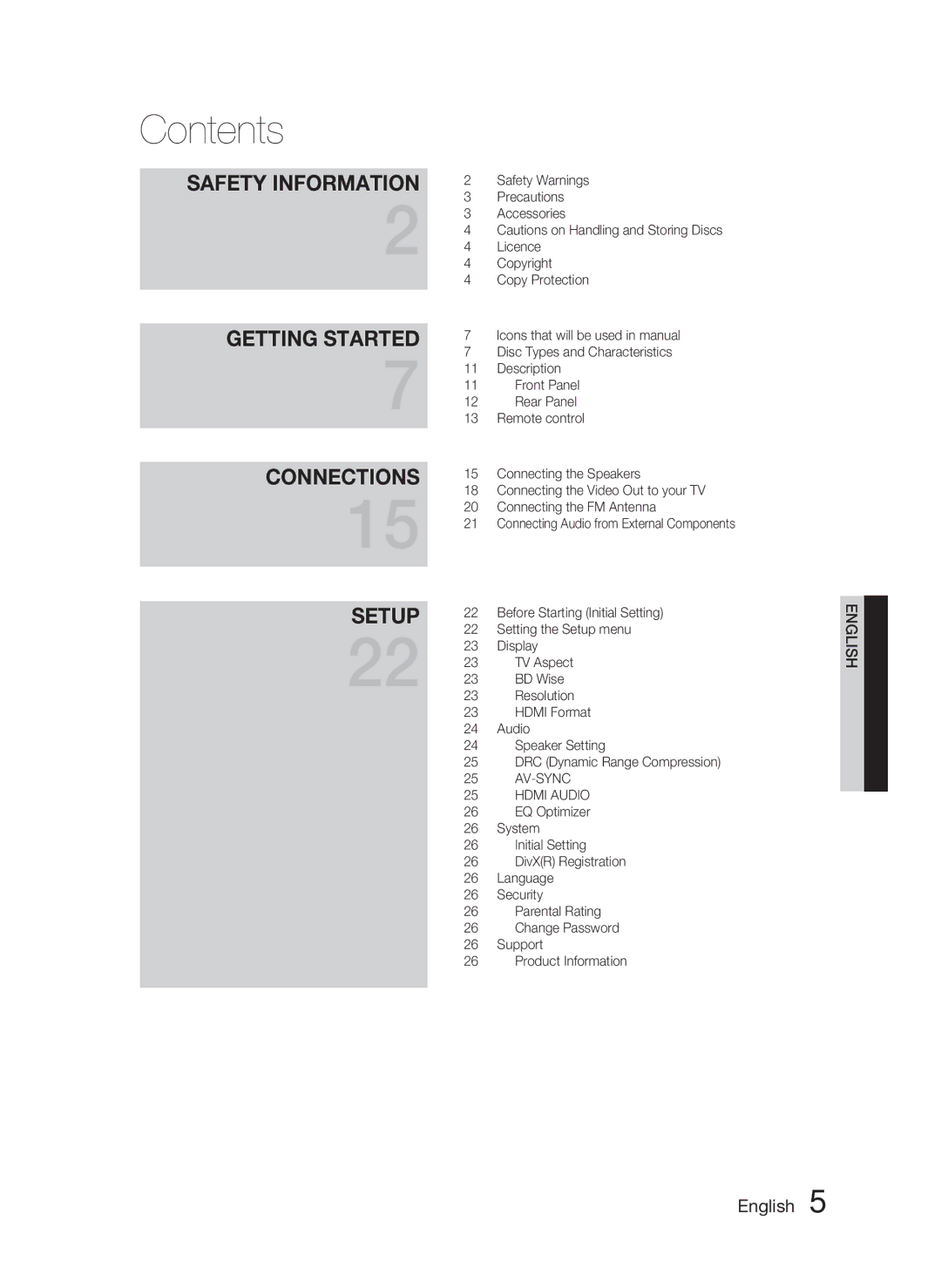 Samsung HT-C450N/XEN, HT-C453N/XEN, HT-C450N/EDC, HT-C453N/EDC, HT-C445N/EDC manual Contents 