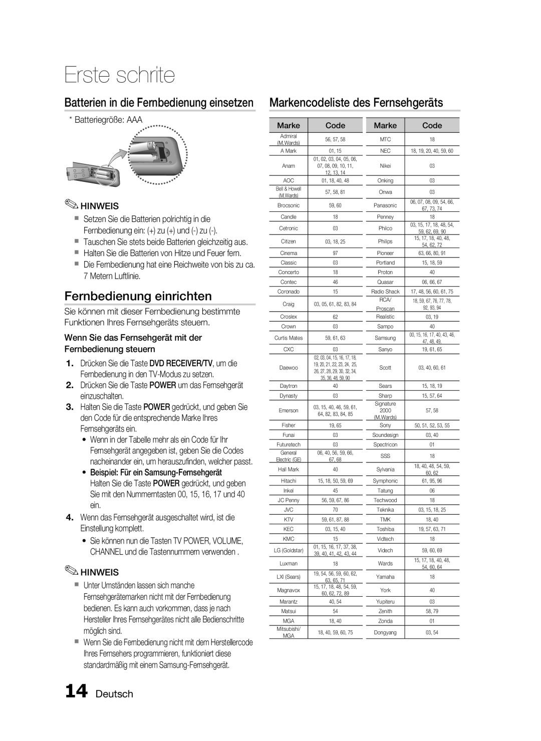 Samsung HT-C450N/XEN Markencodeliste des Fernsehgeräts, Fernbedienung einrichten, Batterien in die Fernbedienung einsetzen 