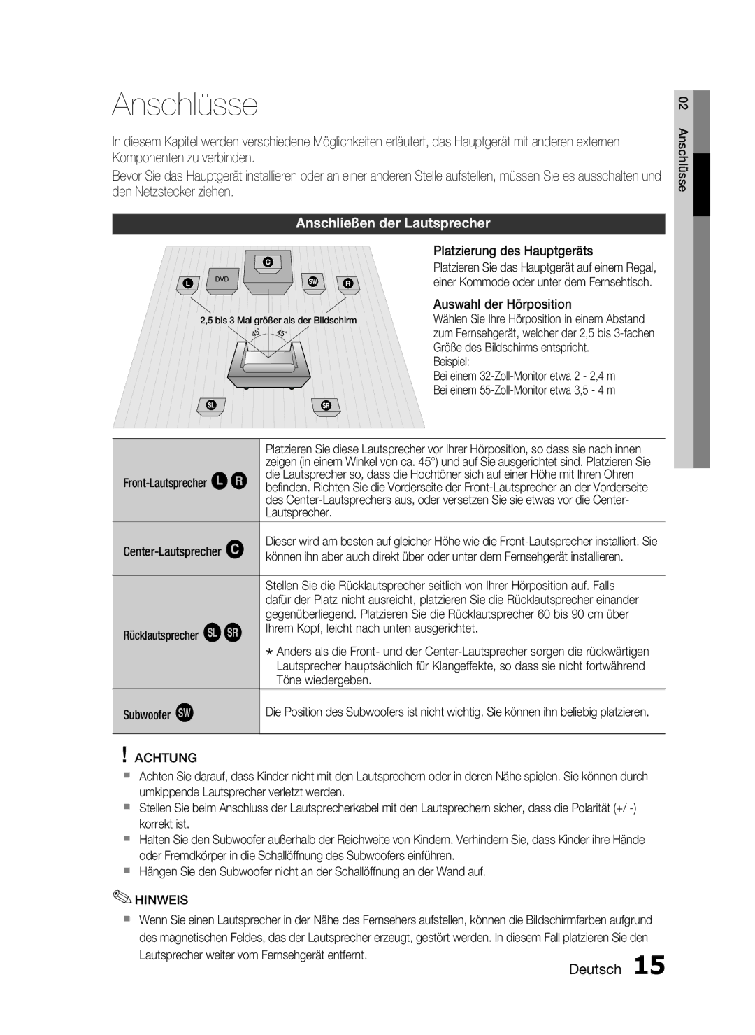 Samsung HT-C453N/XEN, HT-C450N/XEN manual Anschlüsse, Anschließen der Lautsprecher, Achtung 