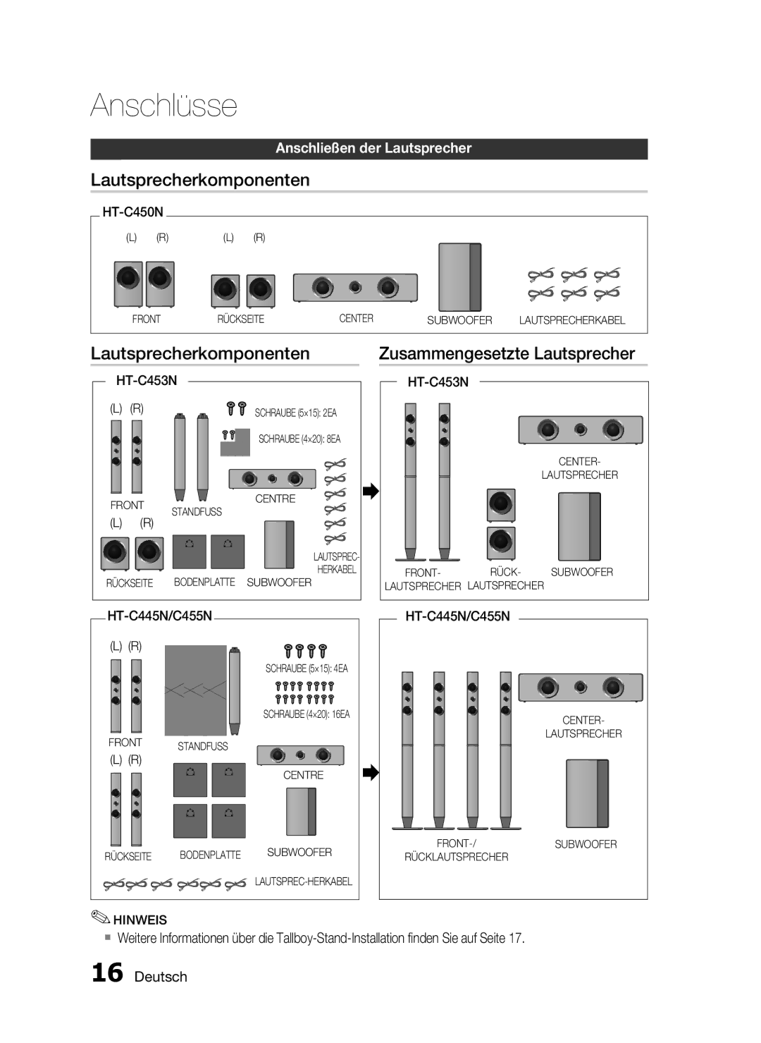 Samsung HT-C450N/XEN, HT-C453N/XEN manual Lautsprecherkomponenten Zusammengesetzte Lautsprecher, HT-C445N/C455N 