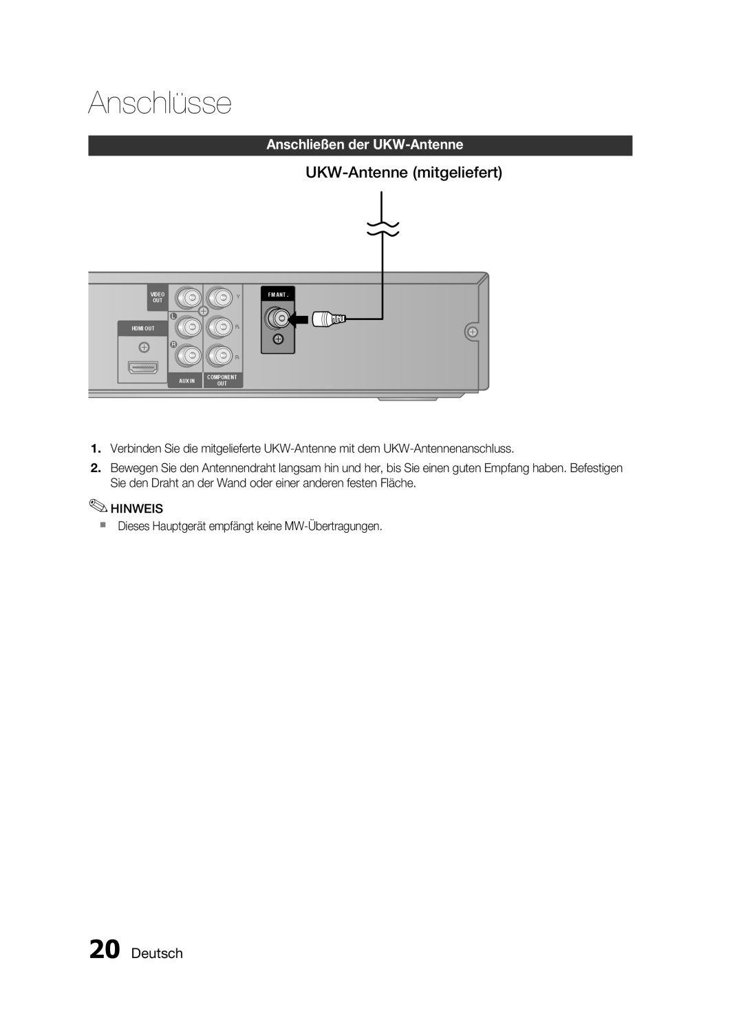 Samsung HT-C450N/XEN, HT-C453N/XEN manual UKW-Antenne mitgeliefert, Anschließen der UKW-Antenne 