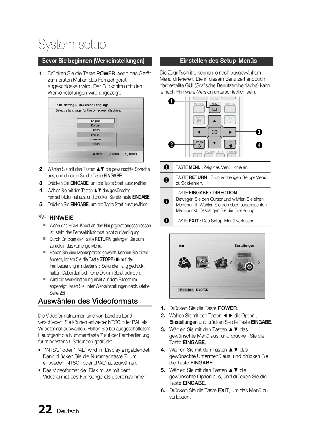 Samsung HT-C450N/XEN, HT-C453N/XEN manual System-setup, Auswählen des Videoformats, Bevor Sie beginnen Werkeinstellungen 