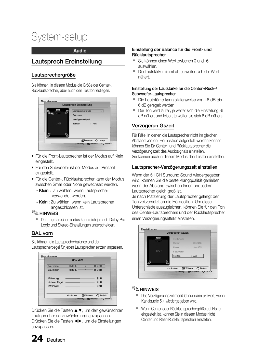 Samsung HT-C450N/XEN, HT-C453N/XEN manual Lautsprech Ereinstellung, Audio 