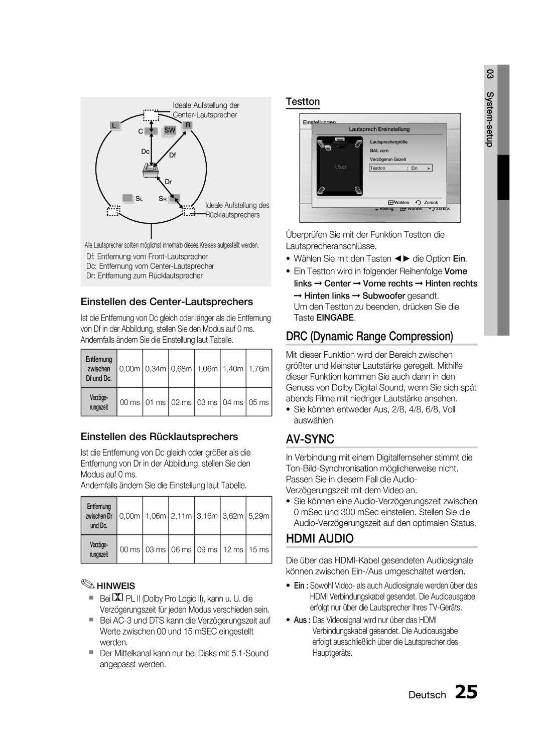 Samsung HT-C453N/XEN DRC Dynamic Range Compression, Einstellen des Center-Lautsprechers, Einstellen des Rücklautsprechers 