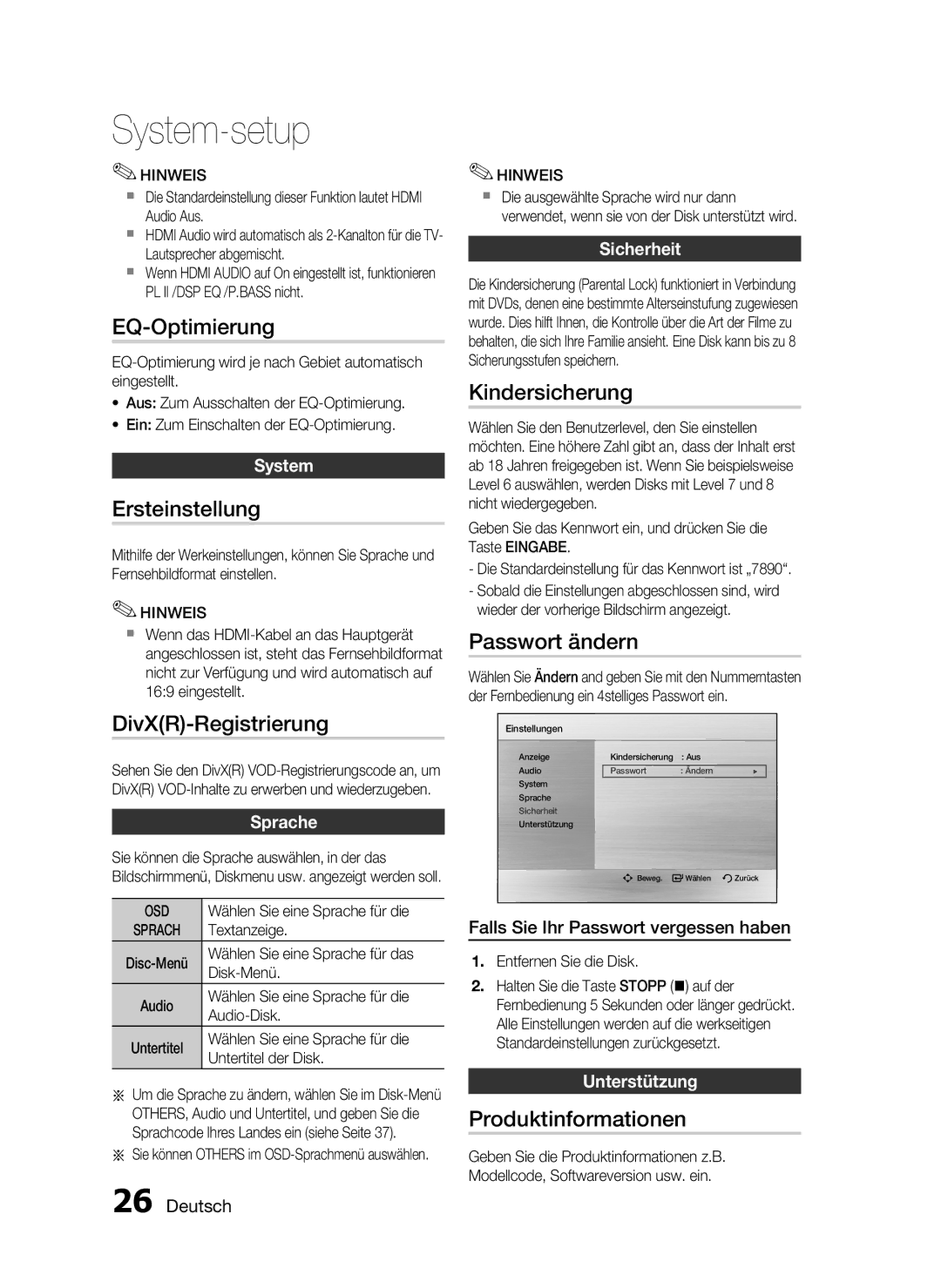 Samsung HT-C450N/XEN, HT-C453N/XEN EQ-Optimierung, Ersteinstellung, DivXR-Registrierung, Kindersicherung, Passwort ändern 