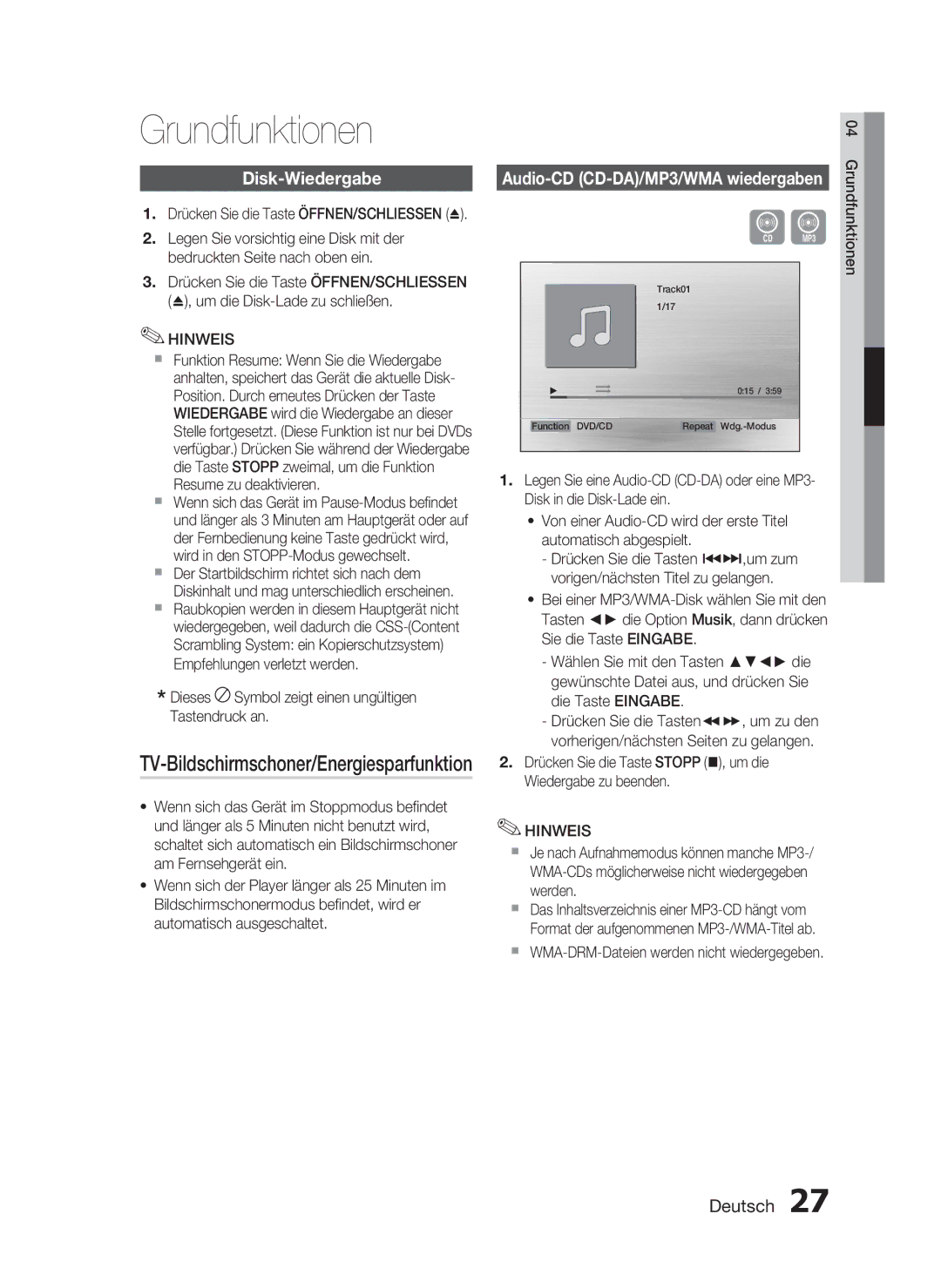 Samsung HT-C453N/XEN, HT-C450N/XEN manual Grundfunktionen, Disk-Wiedergabe, TV-Bildschirmschoner/Energiesparfunktion 