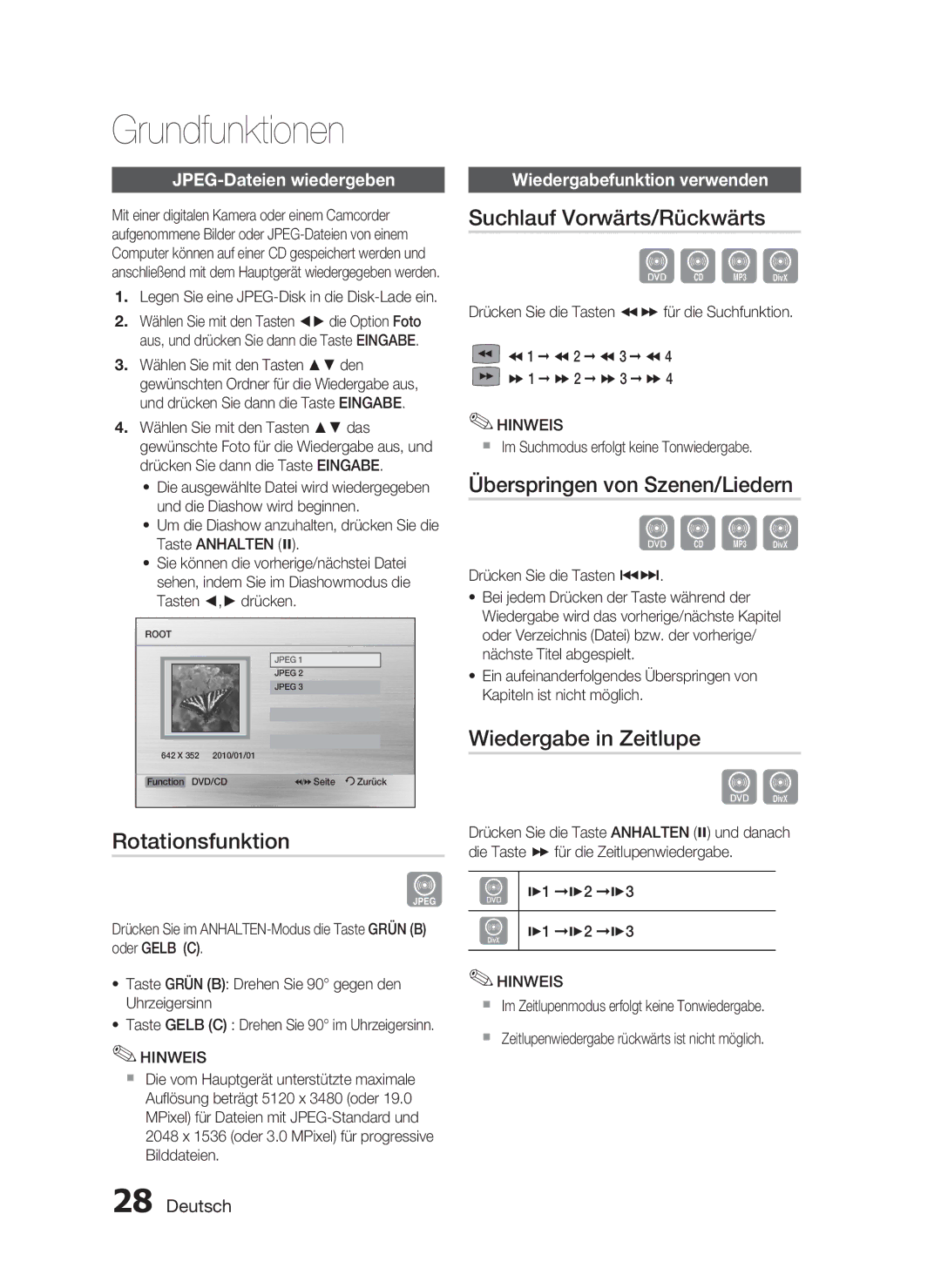 Samsung HT-C450N/XEN, HT-C453N/XEN manual Rotationsfunktion, Suchlauf Vorwärts/Rückwärts, Überspringen von Szenen/Liedern 