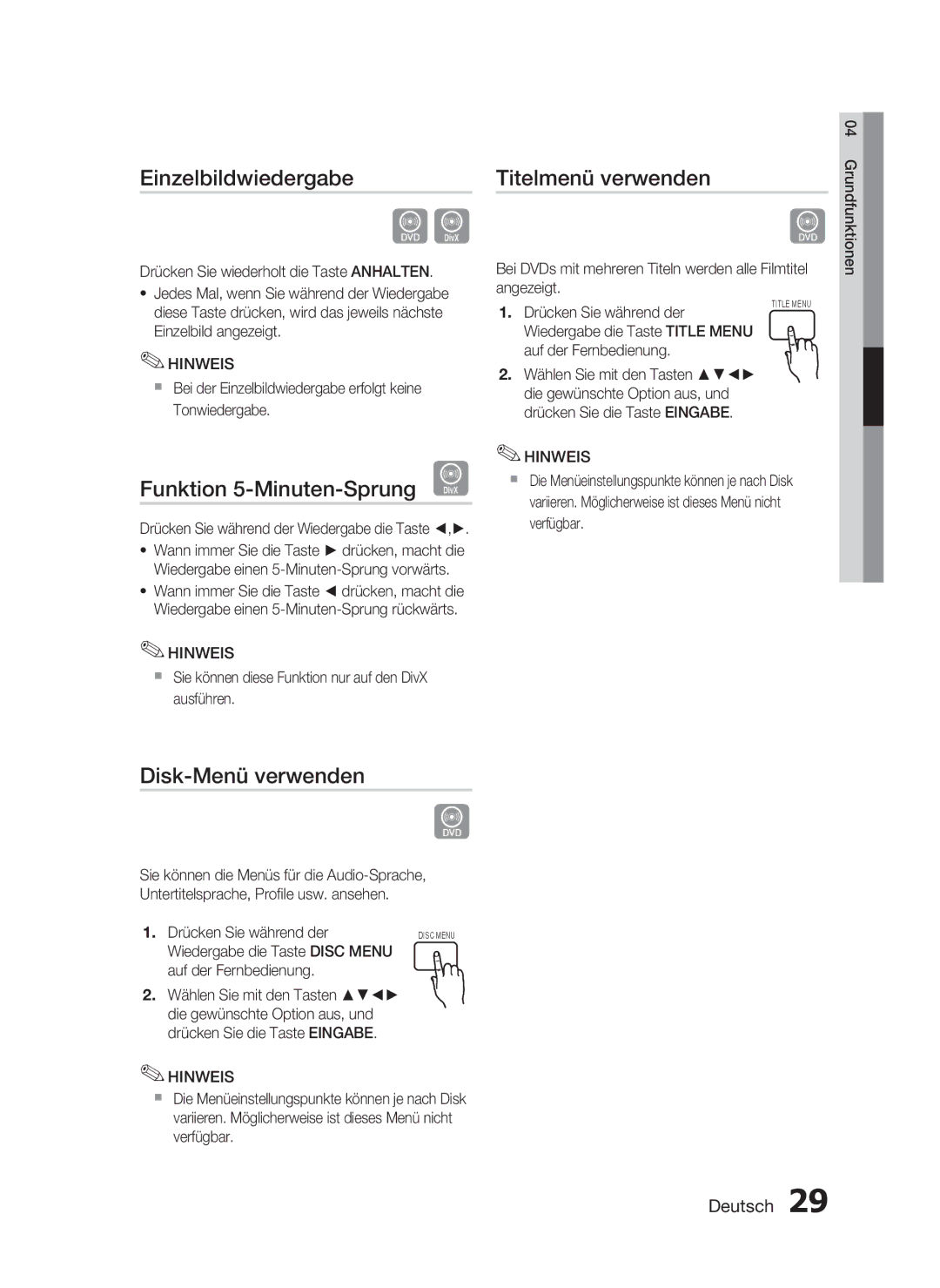 Samsung HT-C453N/XEN manual Einzelbildwiedergabe, Titelmenü verwenden, Funktion 5-Minuten-Sprung D, Disk-Menü verwenden 