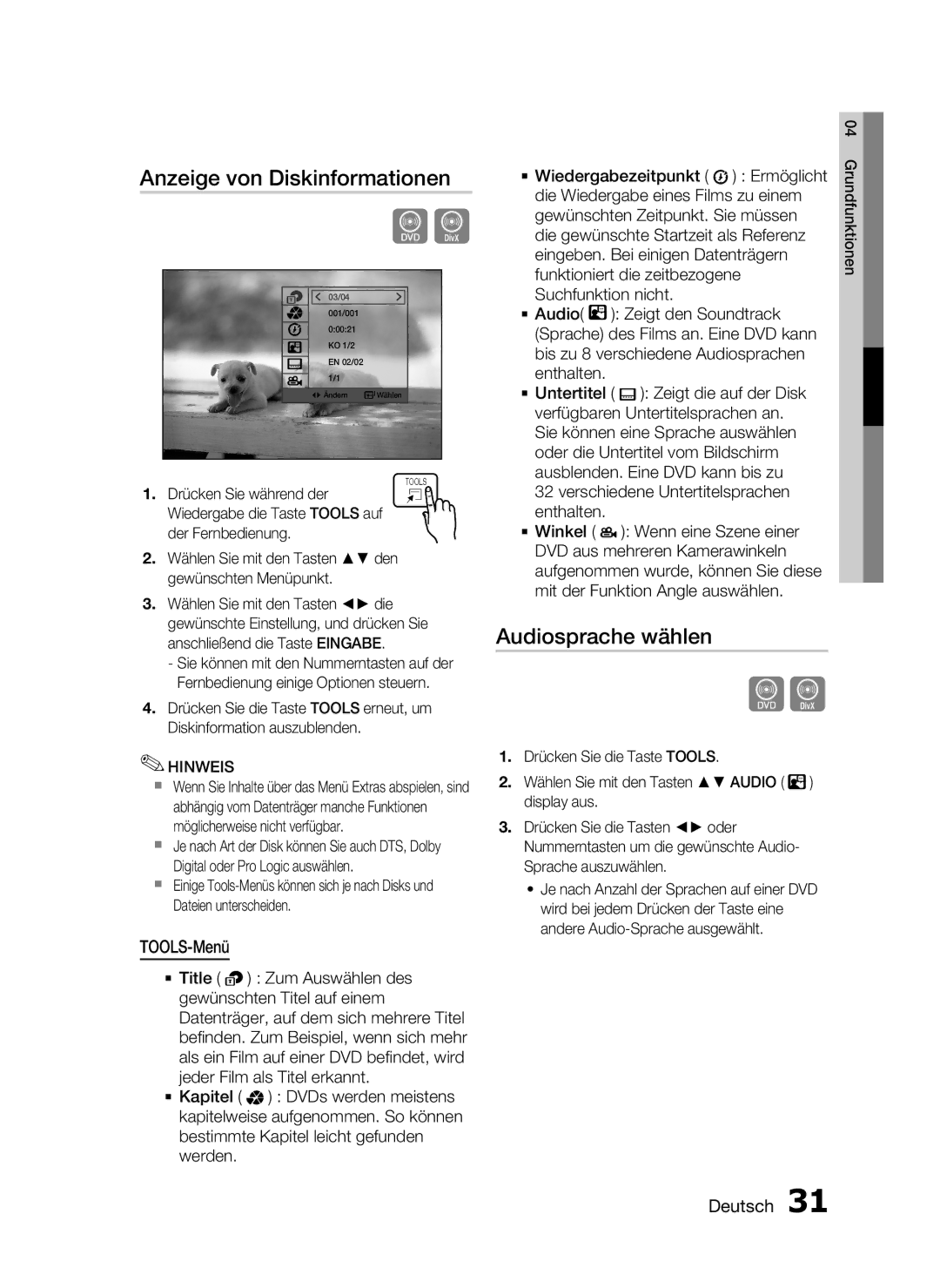 Samsung HT-C453N/XEN, HT-C450N/XEN manual Anzeige von Diskinformationen, Audiosprache wählen, TOOLS-Menü 