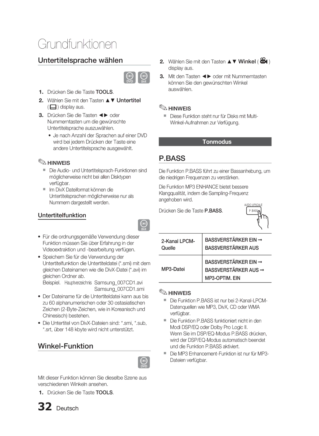 Samsung HT-C450N/XEN manual Untertitelsprache wählen, Winkel-Funktion, Untertitelfunktion, Tonmodus, MP3-OPTIM. EIN Hinweis 