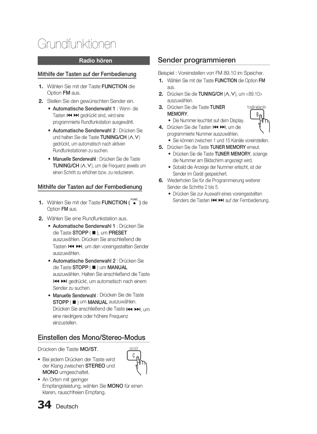 Samsung HT-C450N/XEN, HT-C453N/XEN manual Einstellen des Mono/Stereo-Modus, Sender programmieren, Radio hören 