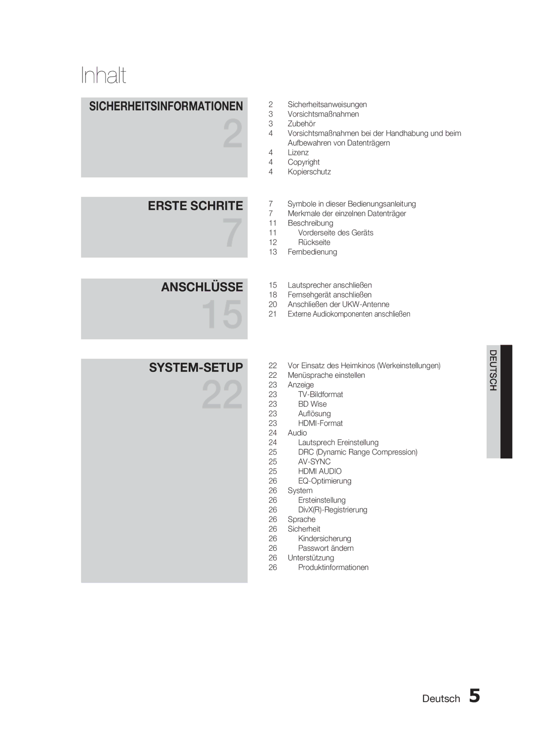 Samsung HT-C453N/XEN, HT-C450N/XEN manual Inhalt, Sicherheitsinformationen 