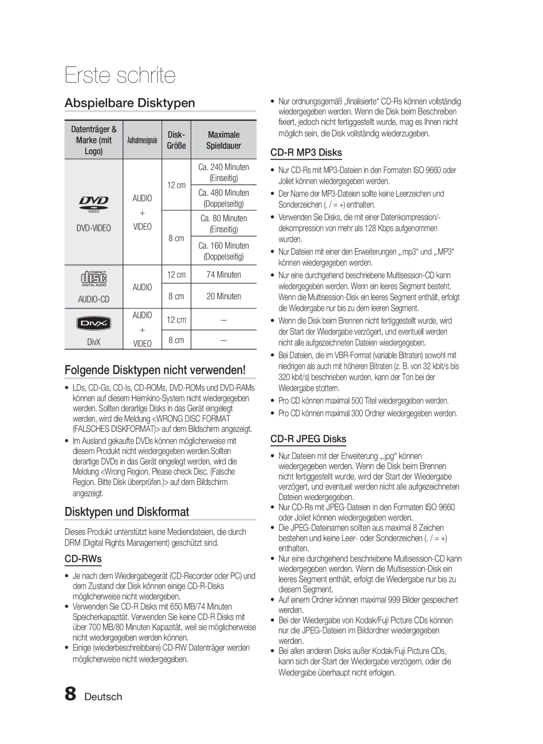 Samsung HT-C450N/XEN, HT-C453N/XEN manual Erste schrite, Abspielbare Disktypen, Disktypen und Diskformat 