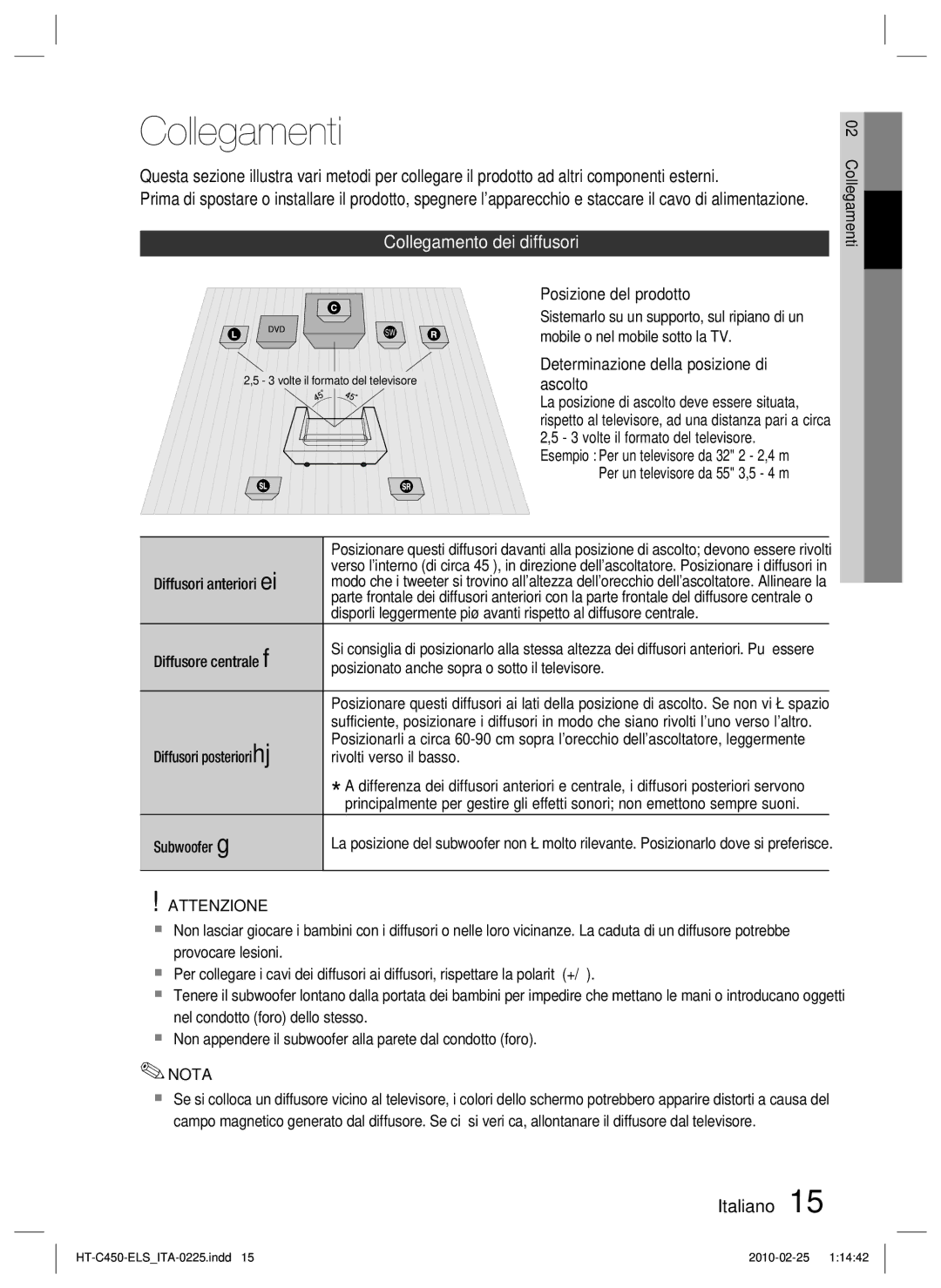 Samsung HT-C450N/XEF, HT-C450/XEF manual Collegamenti, Collegamento dei diffusori, Attenzione 