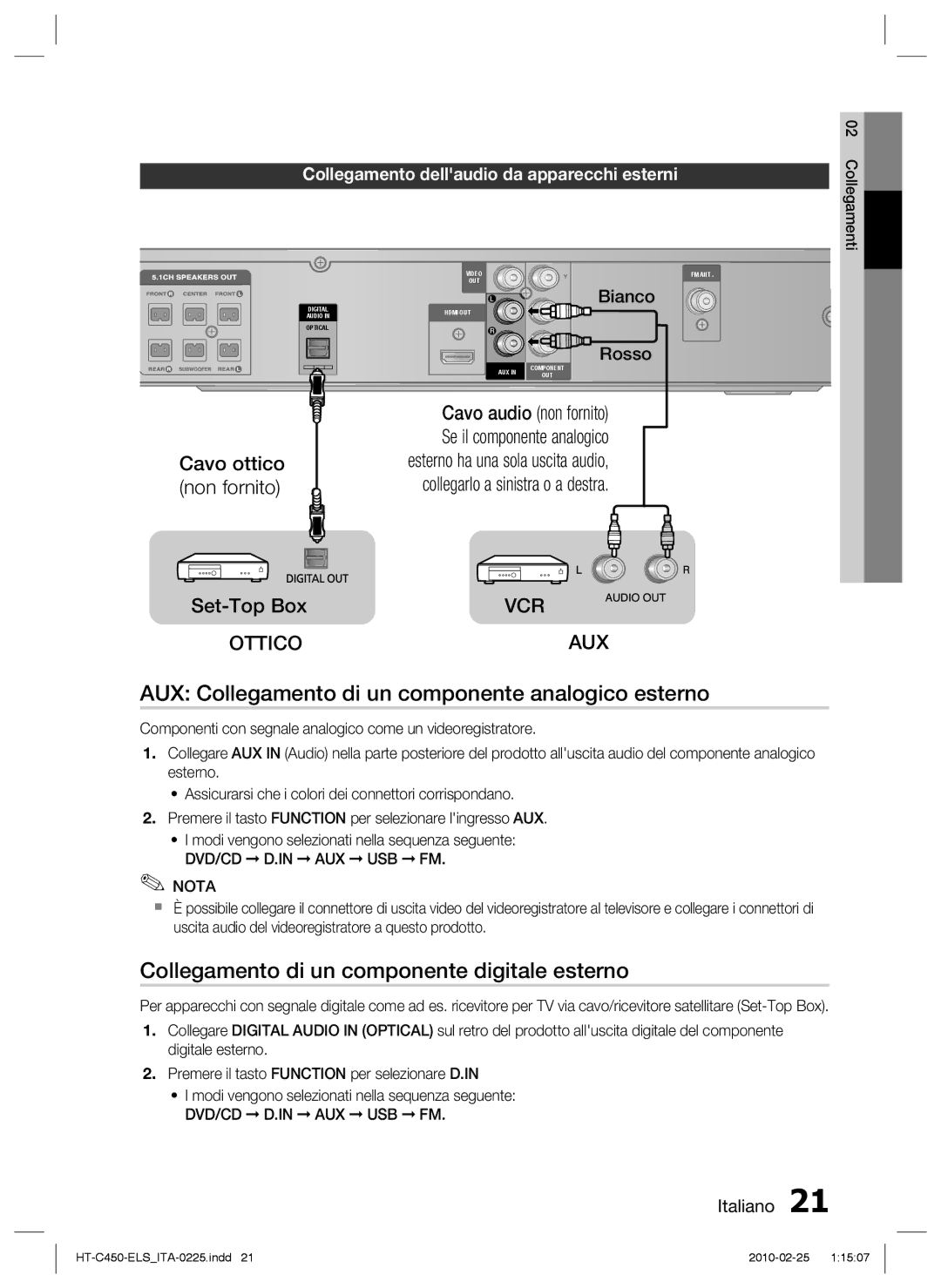 Samsung HT-C450N/XEF AUX Collegamento di un componente analogico esterno, Collegamento di un componente digitale esterno 