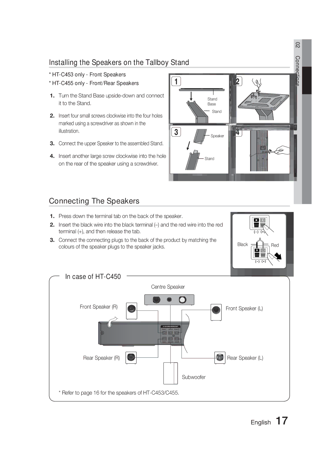 Samsung HT-C453/EDC, HT-C450/XEN Installing the Speakers on the Tallboy Stand, Connecting The Speakers, Case of HT-C450 