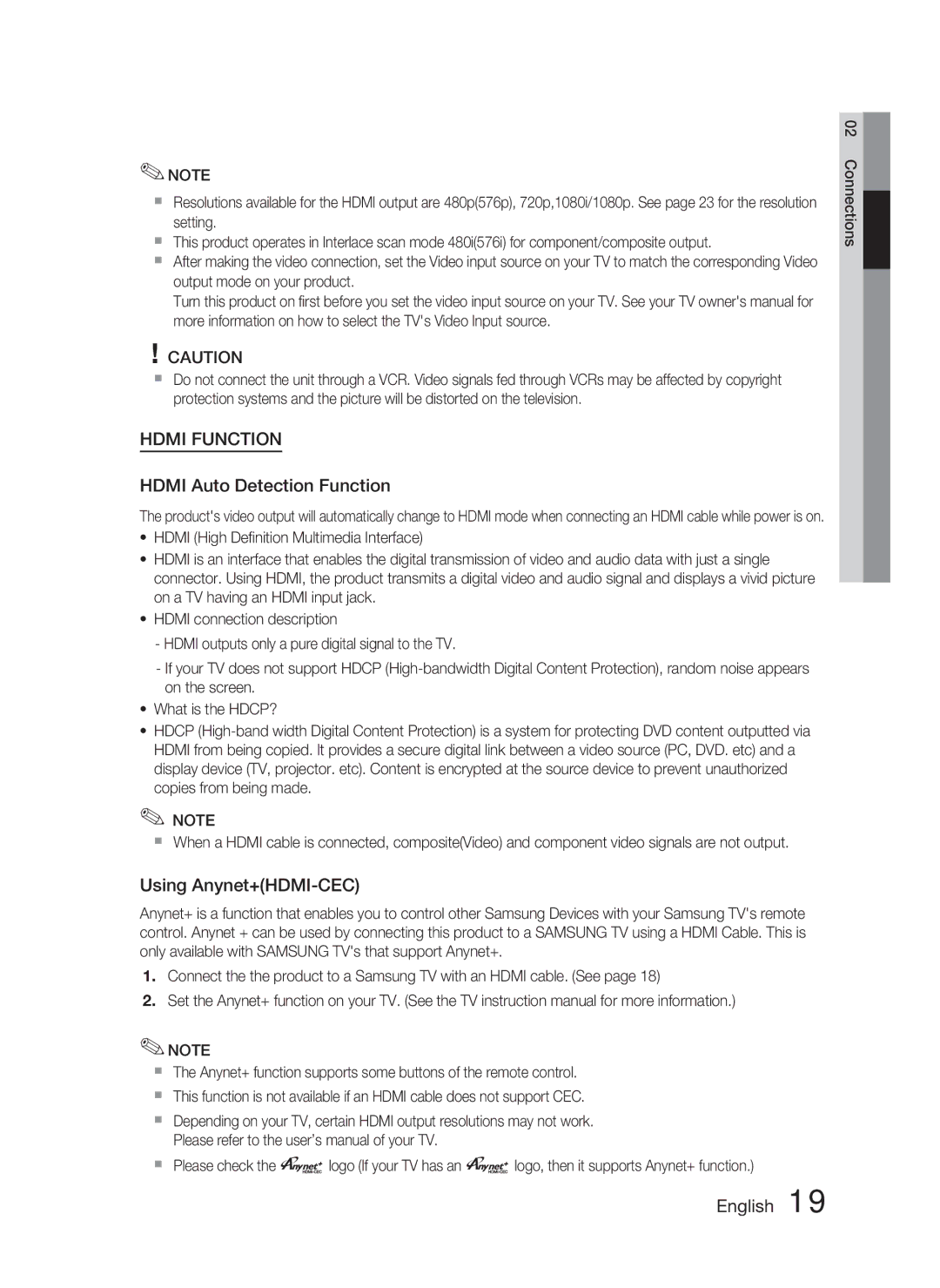 Samsung HT-C450N/XEE, HT-C450/XEN, HT-C450N/XEN, HT-C453/XEF, HT-C450/EDC Hdmi Auto Detection Function, Using Anynet+HDMI-CEC 