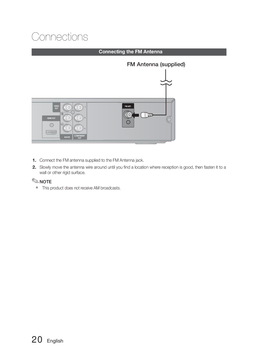 Samsung HT-C453/XEE, HT-C450/XEN, HT-C450N/XEN, HT-C453/XEF, HT-C450/EDC manual FM Antenna supplied, Connecting the FM Antenna 