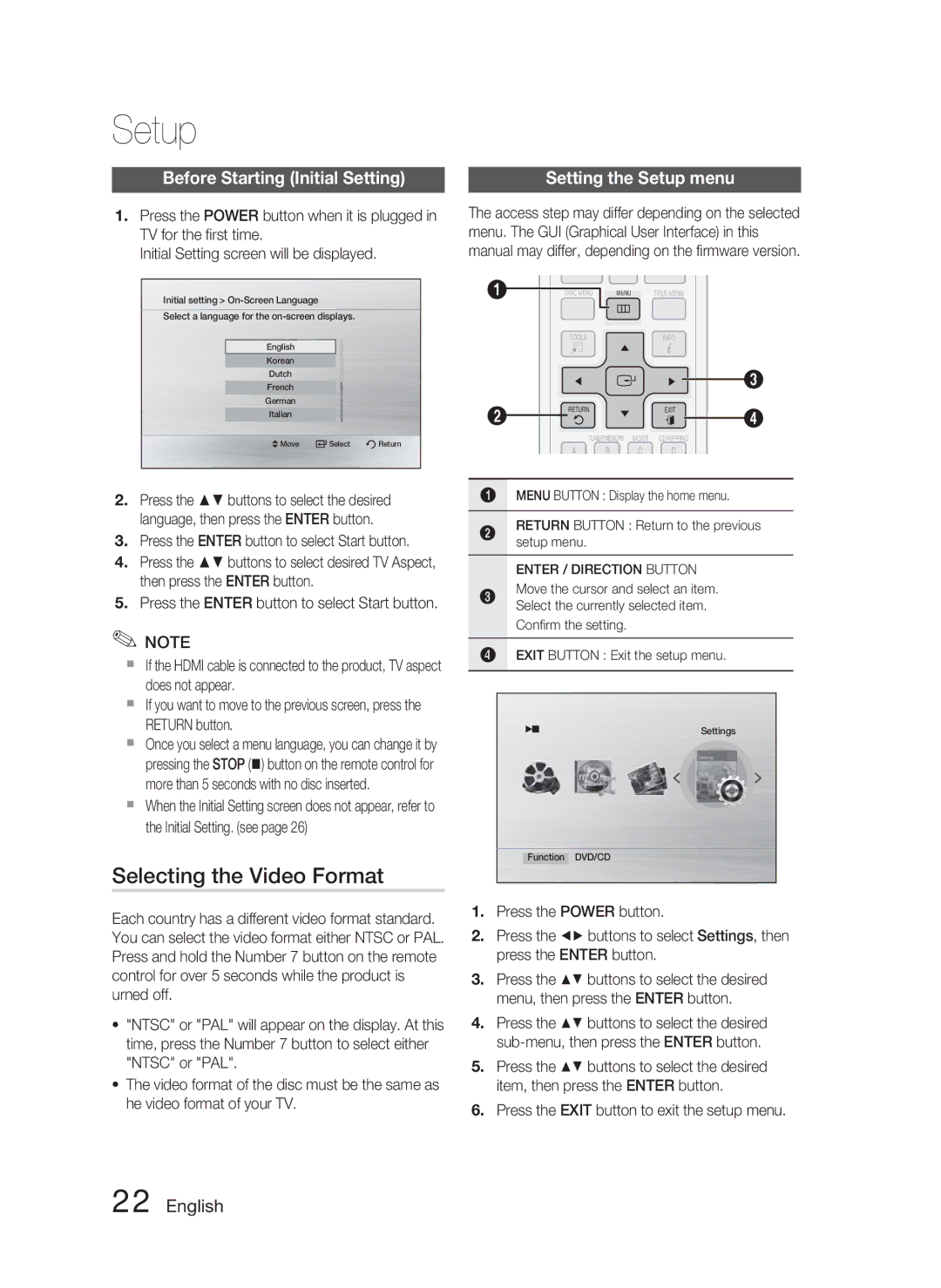 Samsung HT-C450/XEN, HT-C450N/XEN, HT-C453/XEF manual Setup, Selecting the Video Format, Before Starting Initial Setting 