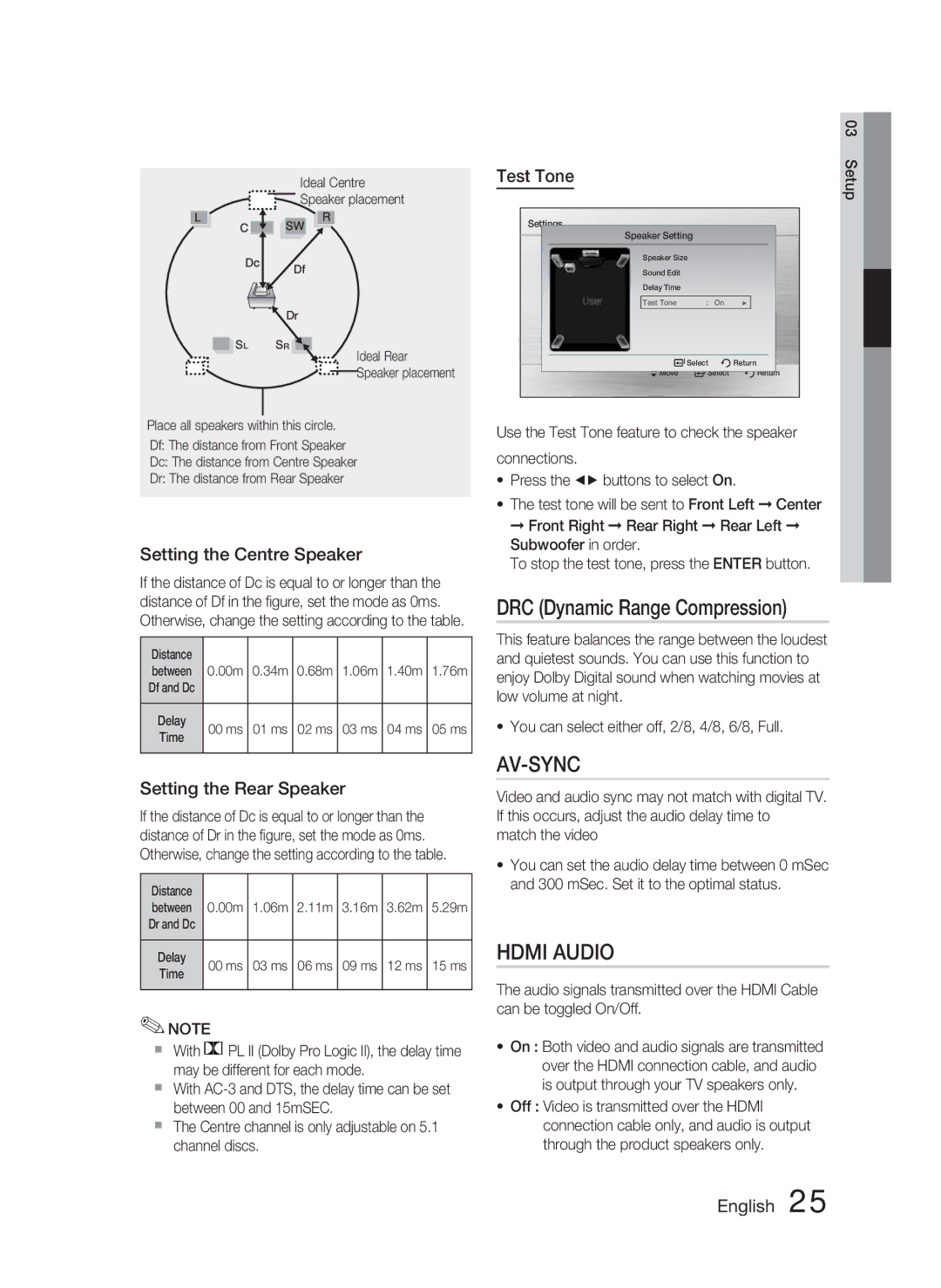 Samsung HT-C450/EDC, HT-C450/XEN manual DRC Dynamic Range Compression, Setting the Centre Speaker, Setting the Rear Speaker 