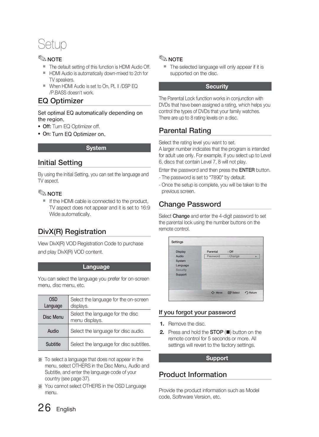 Samsung HT-C450/XEF, HT-C450/XEN manual EQ Optimizer, Initial Setting, DivXR Registration, Parental Rating, Change Password 