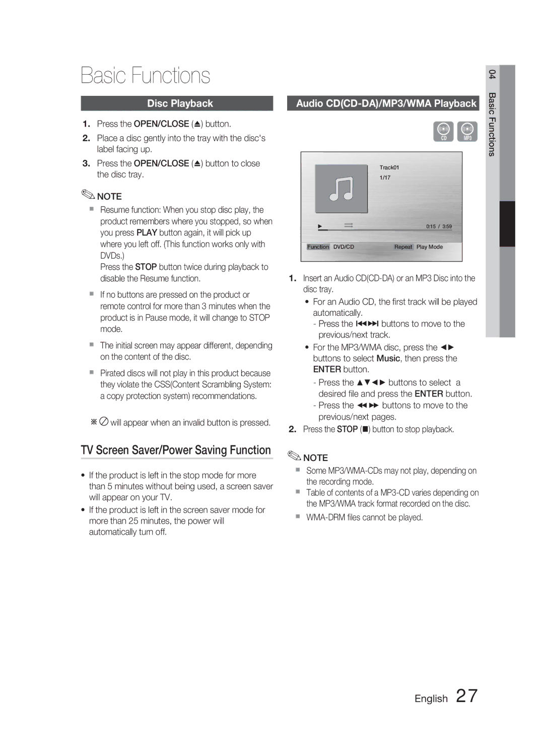 Samsung HT-C450N/XEF Basic Functions, TV Screen Saver/Power Saving Function, Disc Playback, Audio CDCD-DA/MP3/WMA Playback 