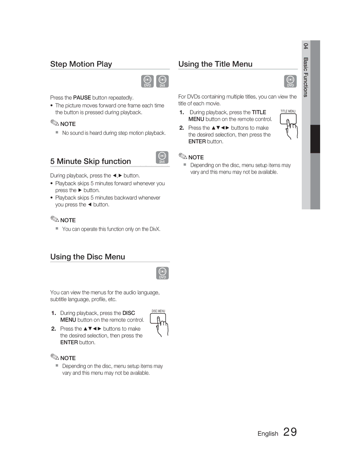 Samsung HT-C450N/EDC, HT-C450/XEN manual Step Motion Play, Minute Skip function, Using the Title Menu, Using the Disc Menu 