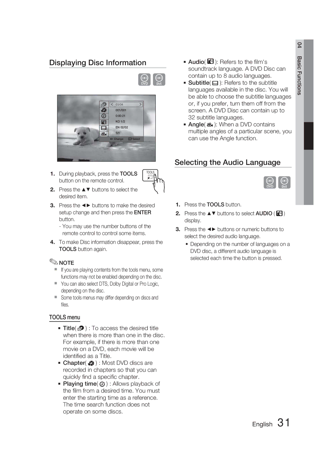 Samsung HT-C453/XEE, HT-C450/XEN, HT-C450N/XEN manual Displaying Disc Information, Selecting the Audio Language, Tools menu 