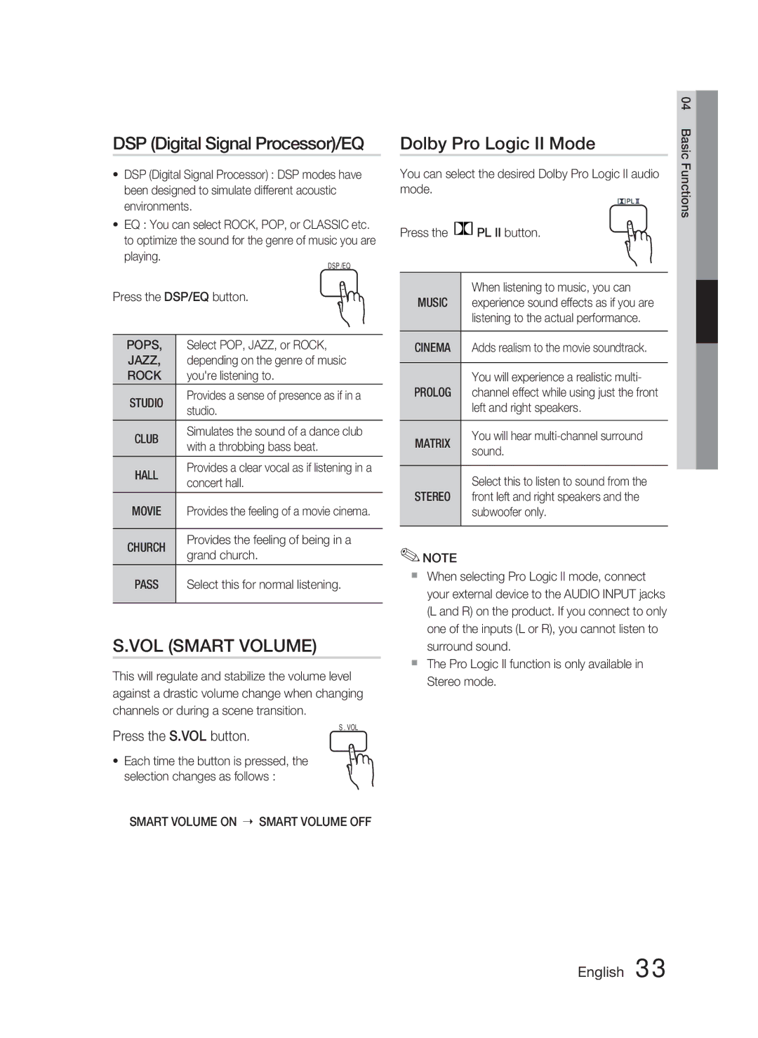 Samsung HT-C450/XEN, HT-C450N/XEN manual DSP Digital Signal Processor/EQ, Dolby Pro Logic II Mode, Press the S.VOL button 